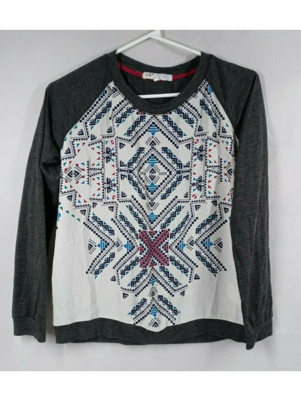 Jolt Women's White Blouse With Gray Sleeves & African Design Size Small